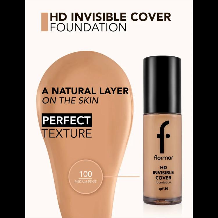 Flormar Invisible Cover HD Foundation SPF 30 - 100 Medium Beige (30 ml)