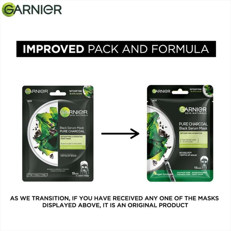 Garnier SkinActive Pure Charcoal Black Sheet Mask - Hyaluronic Acid + Black Algae + LHA - 28 g
