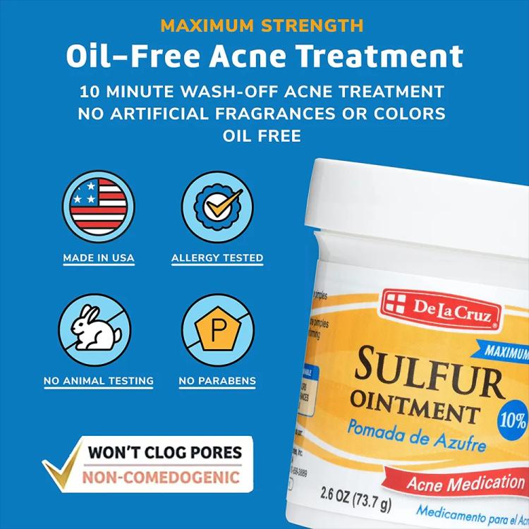 De La Cruz Acne Treatment Ointment with 10% Sulfur Maximum Strength - 73.7 g